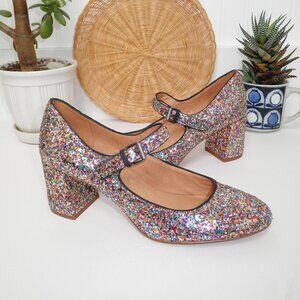 Madewell Zelda Multicolored Glitter Square Heeled Mary Jane Pumps Sz 8 Shoes
